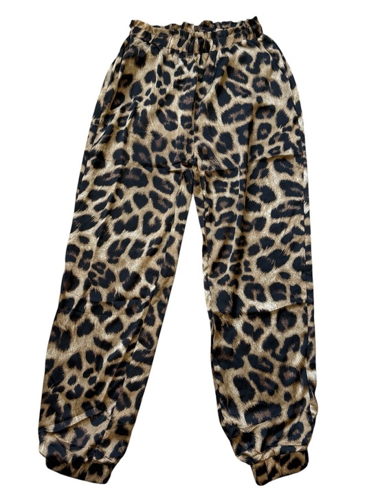 Hayden Pants - Hayden Los Angeles Leopard Print Satin Jogger Pants Paperbag Waist Boho Chic S